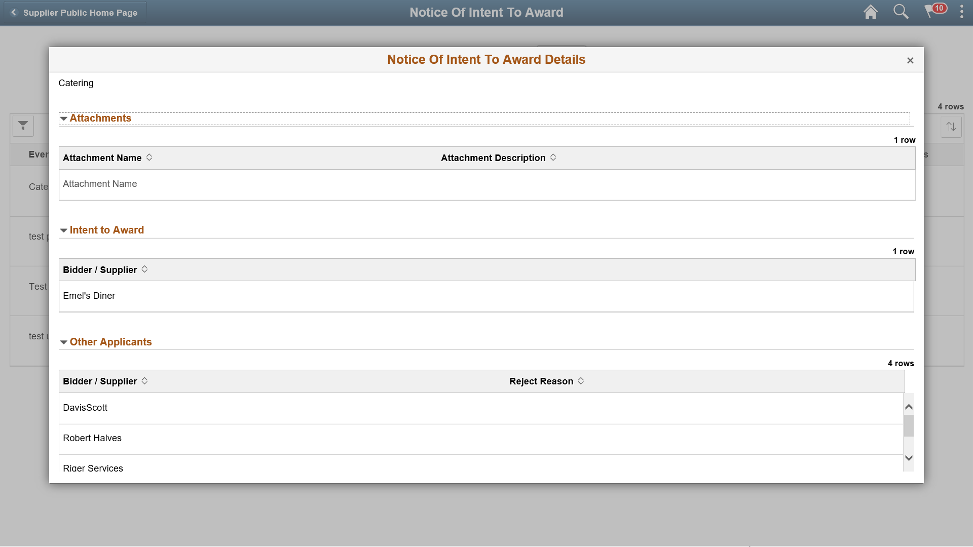 Notice of Intent to Award Details page Public Portal