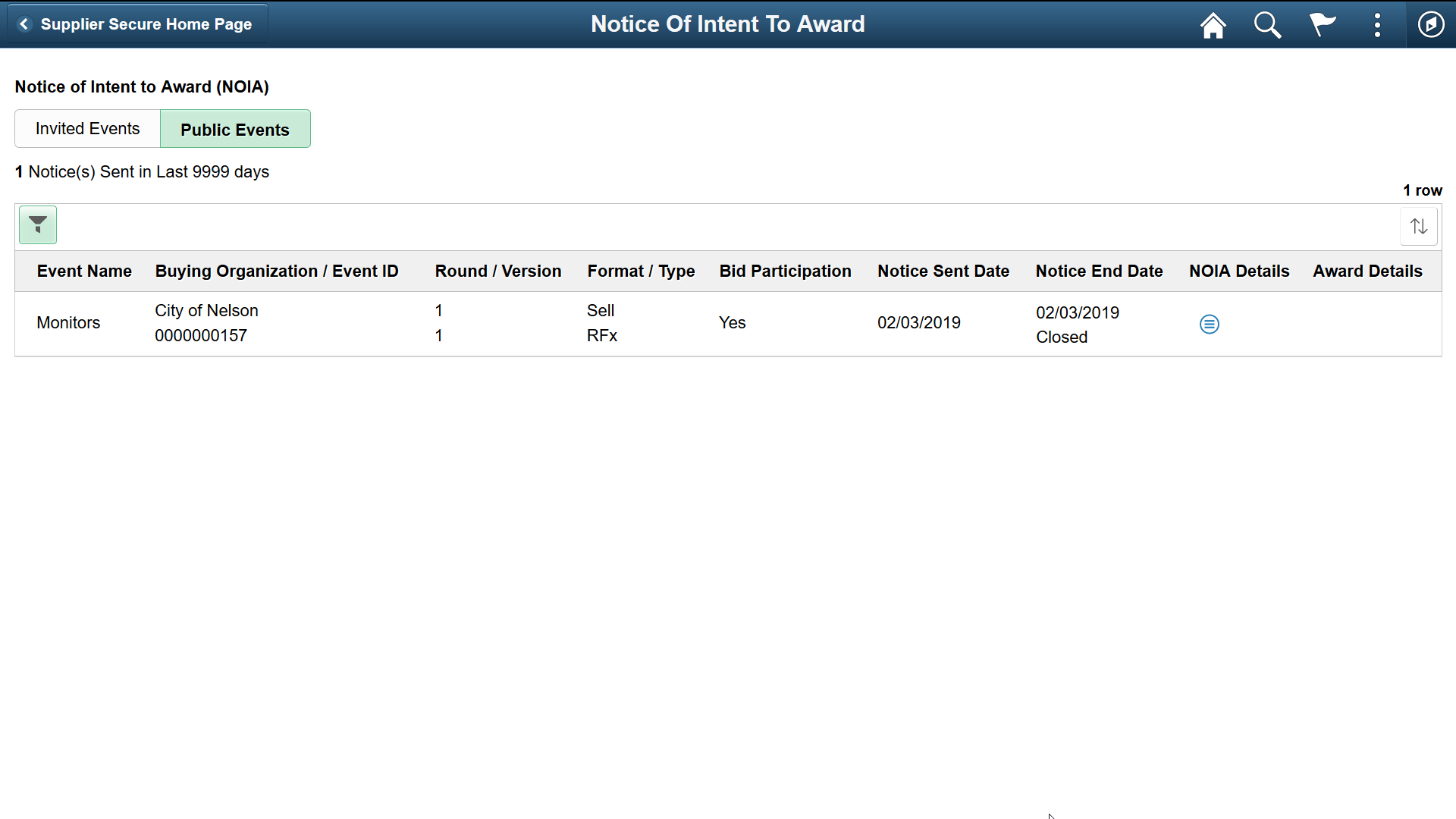Secure Notice Of Intent To Award Public Events page