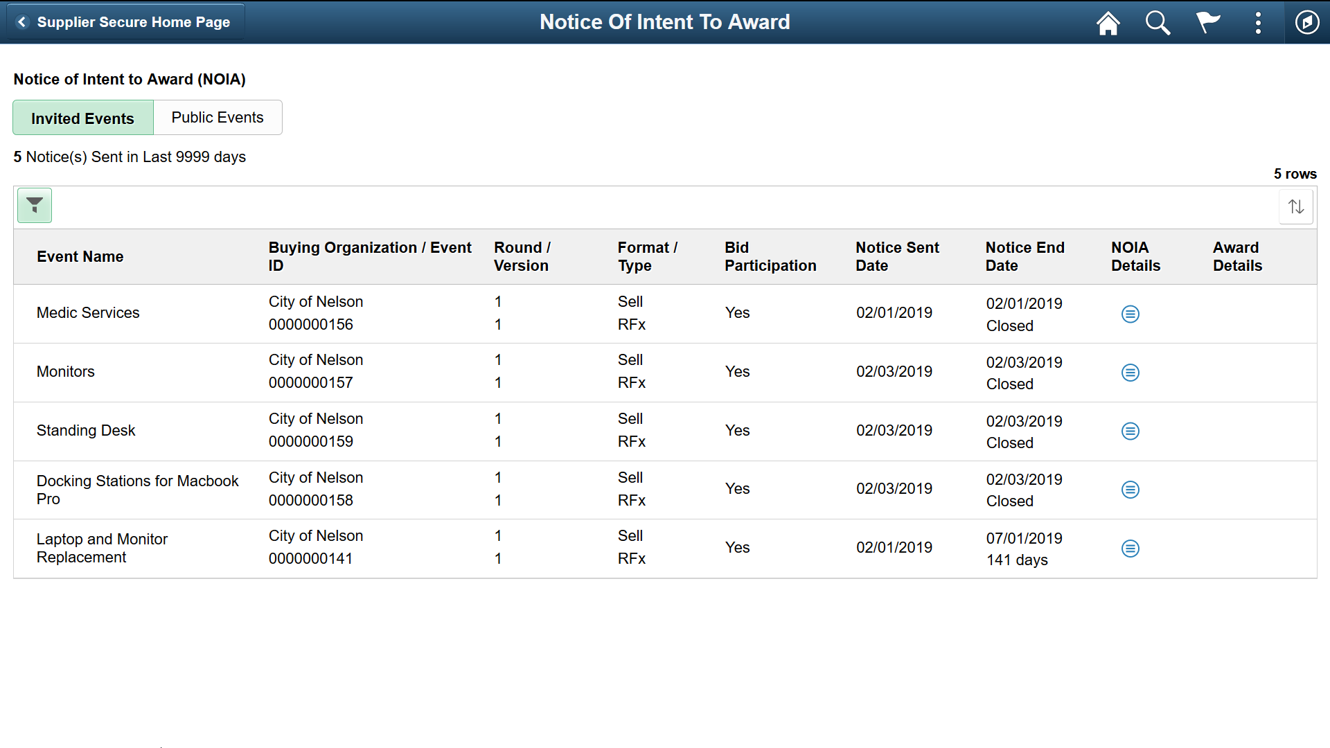Secure Notice Of Intent To Award Invited Events page