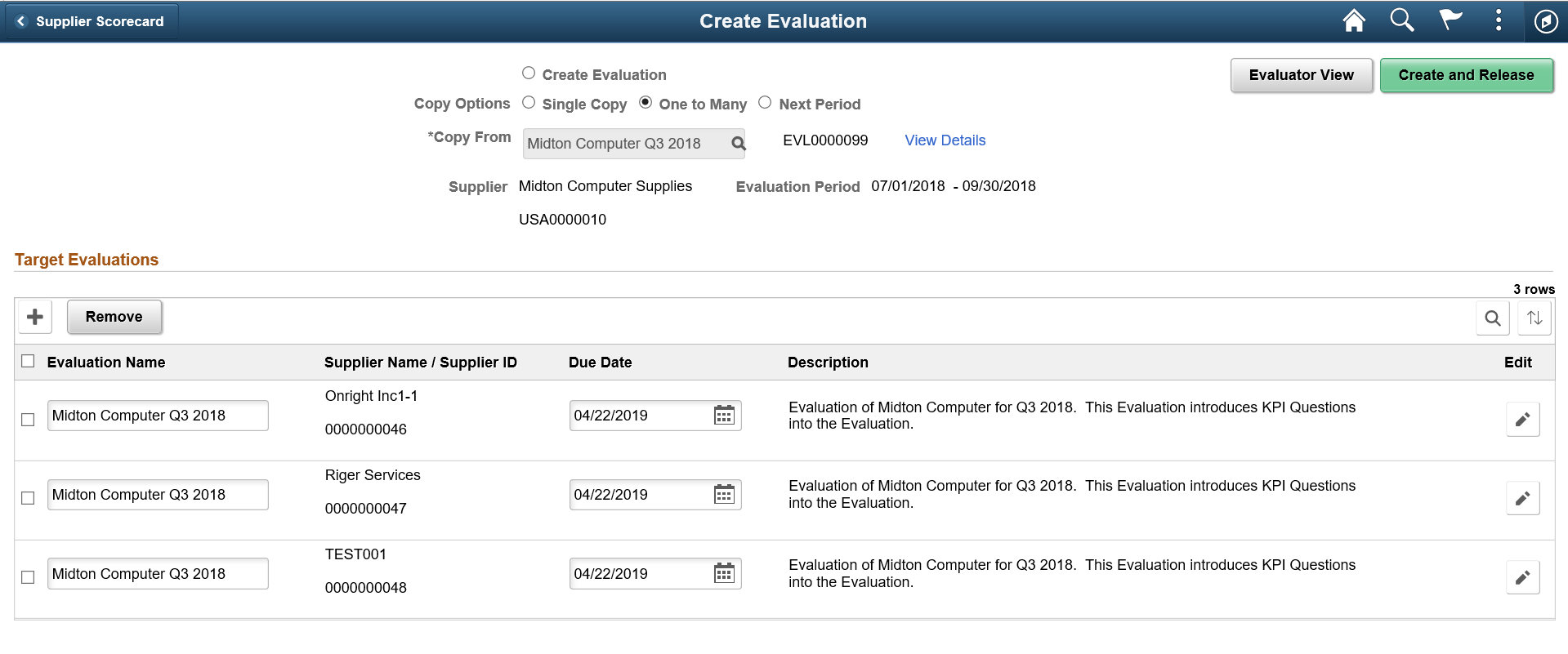 Create Evaluation page - One to Many Option (page 2 of 2)