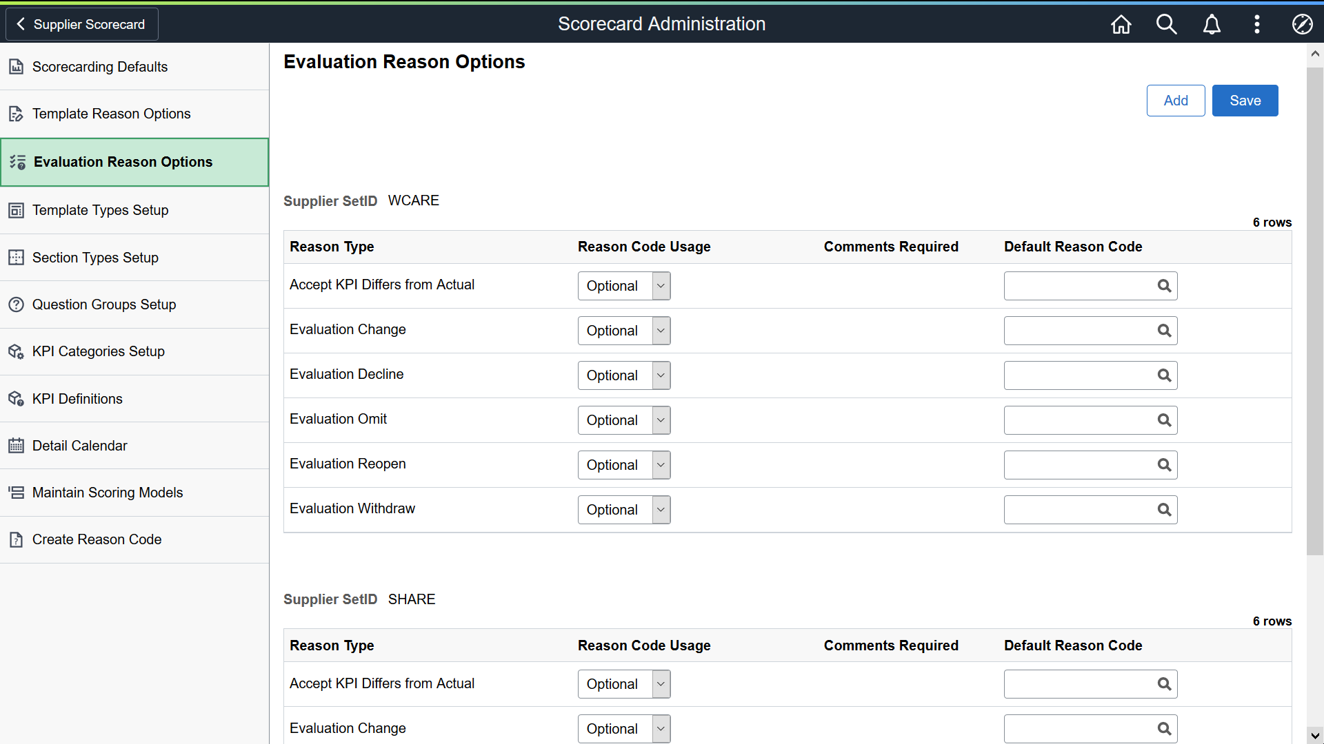 Evaluation Reason Options page