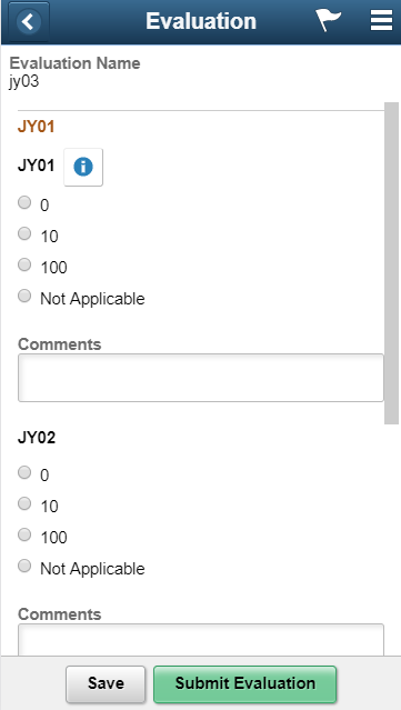 Evaluation form as displayed on a smartphone