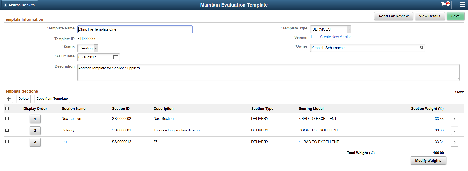 Maintain Evaluation Template page