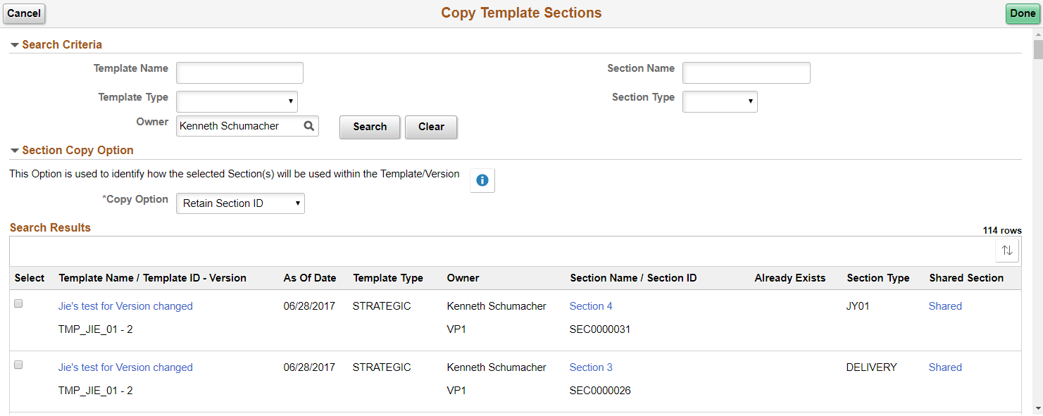 Copy Template Sections page