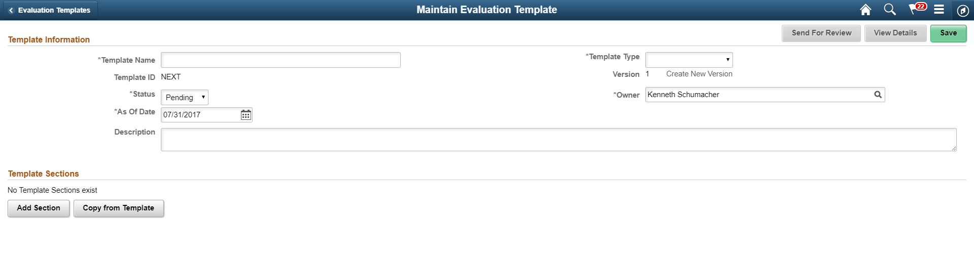 Maintain Evaluation Template page