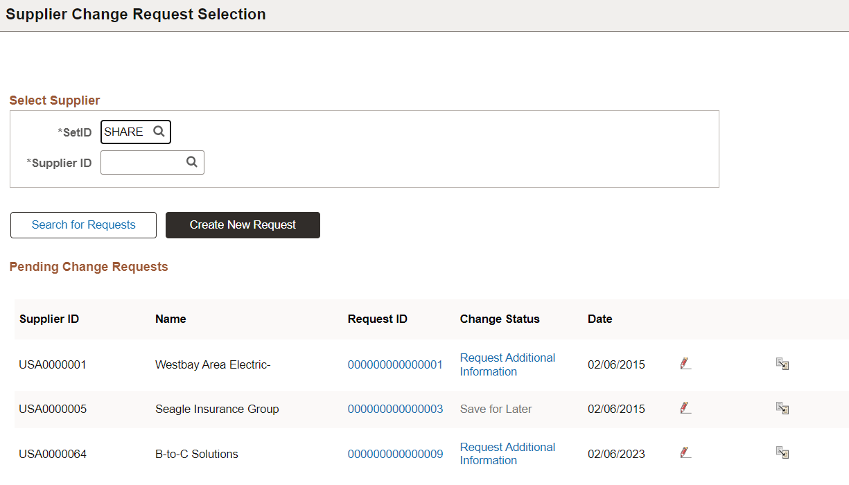 Supplier Change Request Selection page