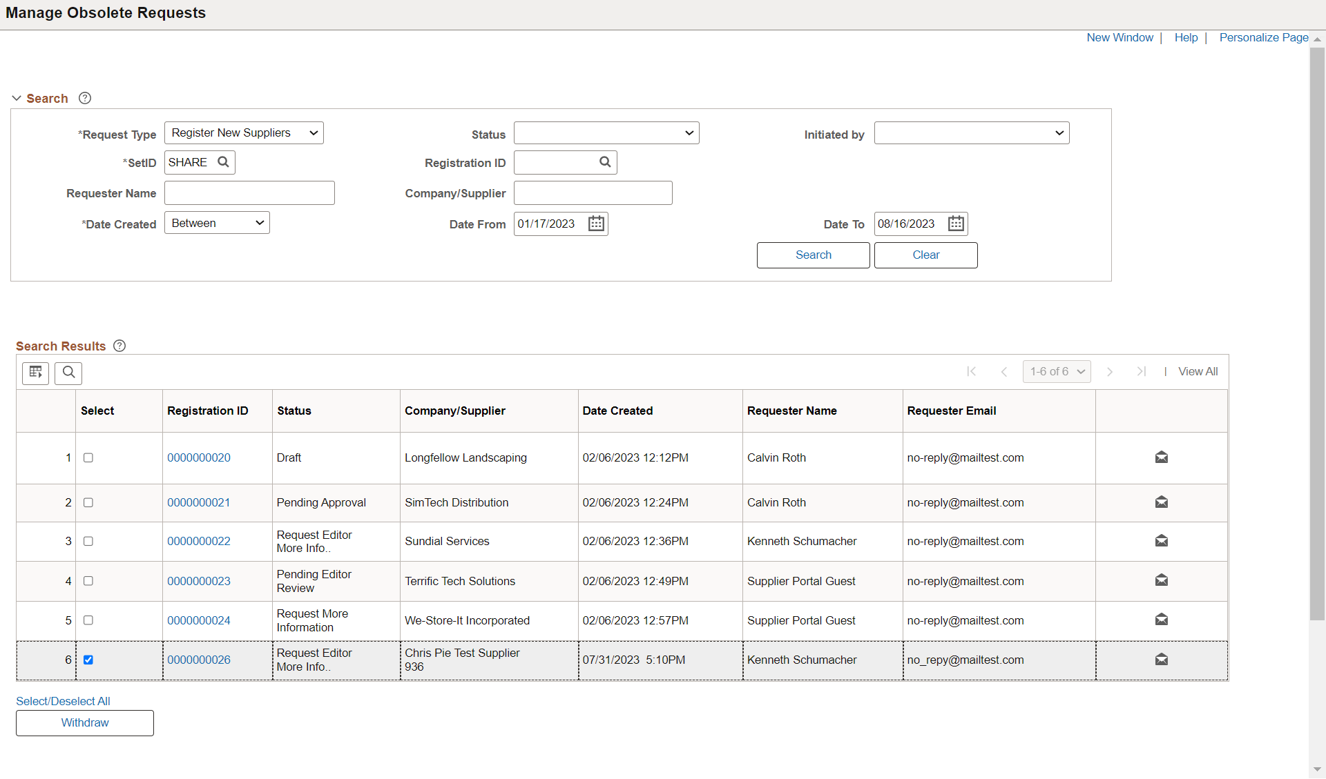 Manage Obsolete Requests - Registration Requests Page