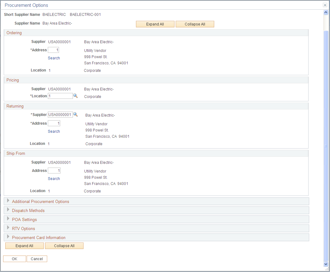 Procurement Options page with sections collapsed