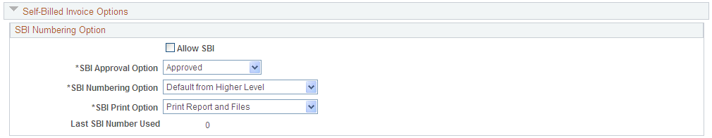 Payables Options page - Self-Billed Invoice Options section