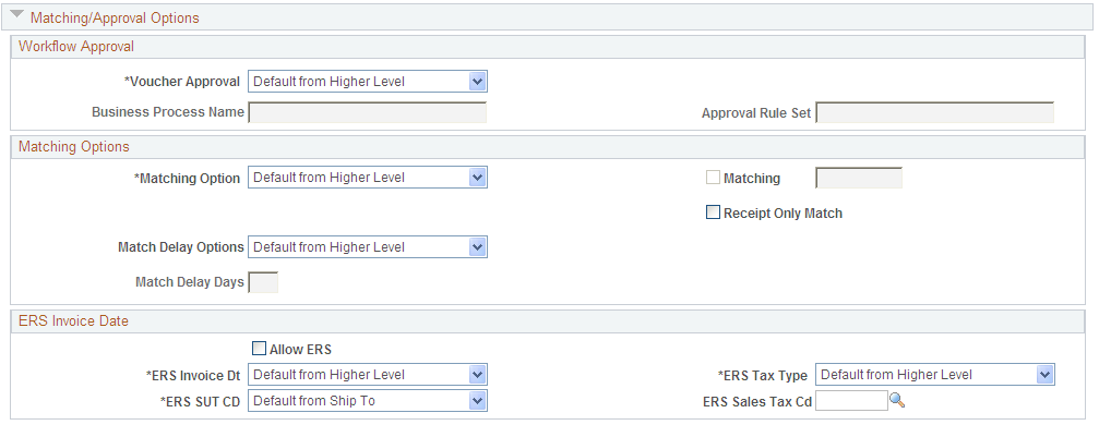Payables Options page - Matching/Approval Options section