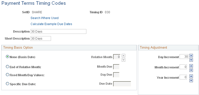 Payment Terms Timing Codes page