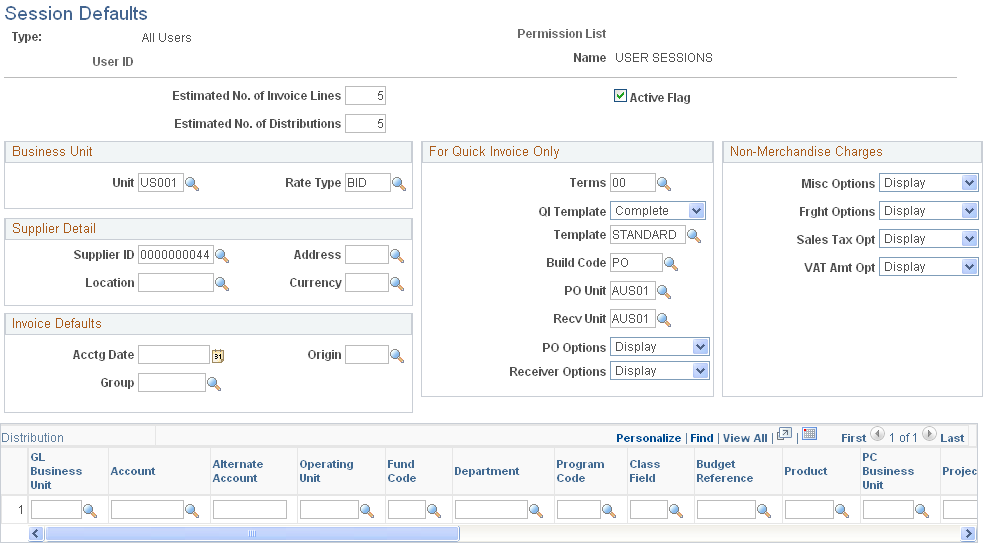 Session Defaults page