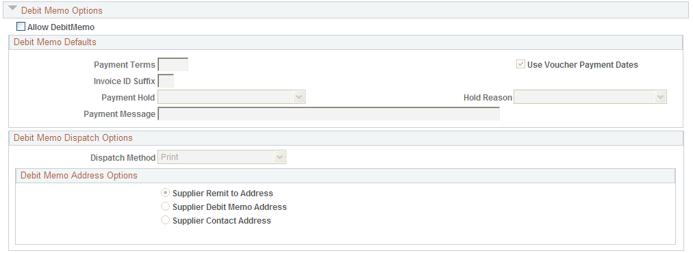 Payables Options page - Debit Memo Options section