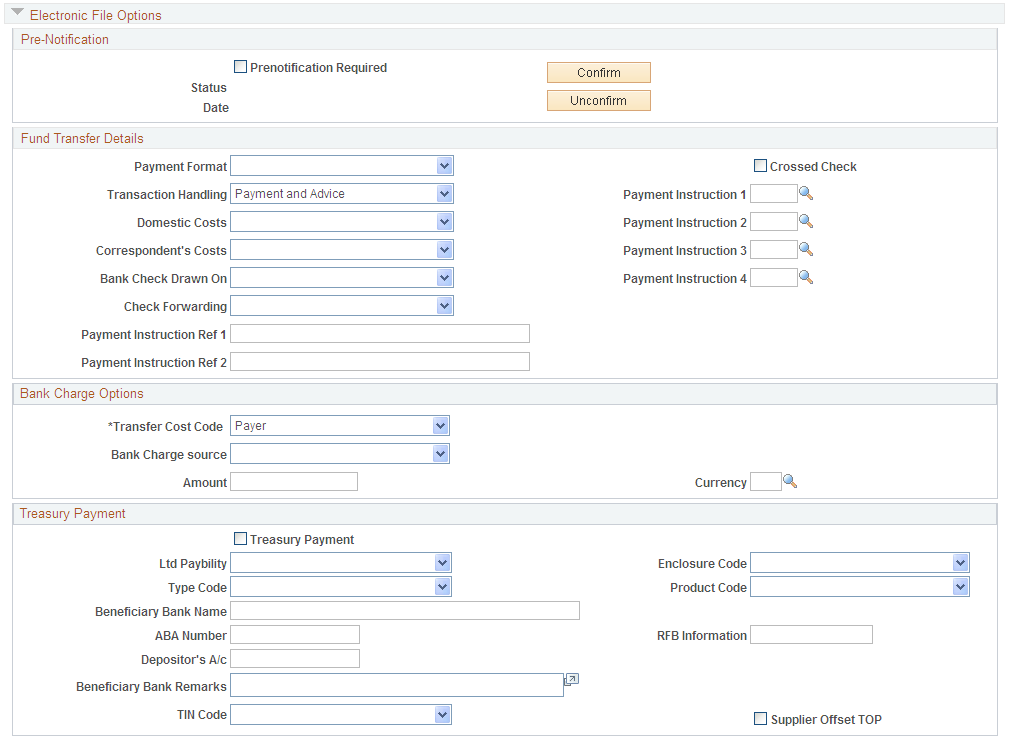 Payables Options page - Electronic File Options section