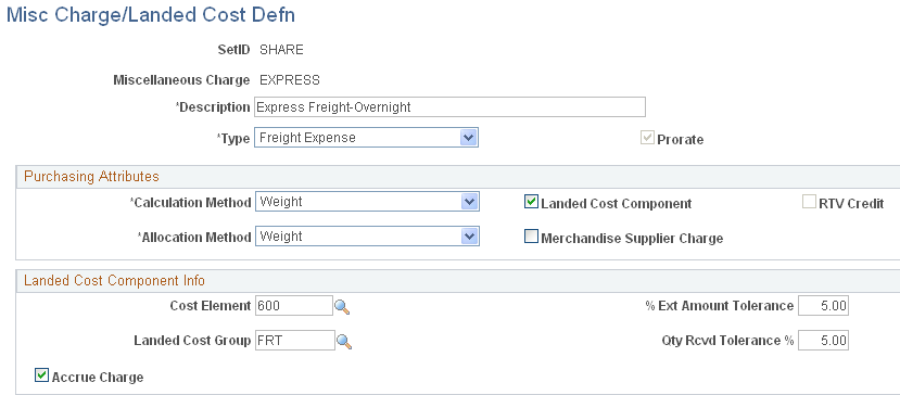 Misc Charge/Landed Cost Defn page