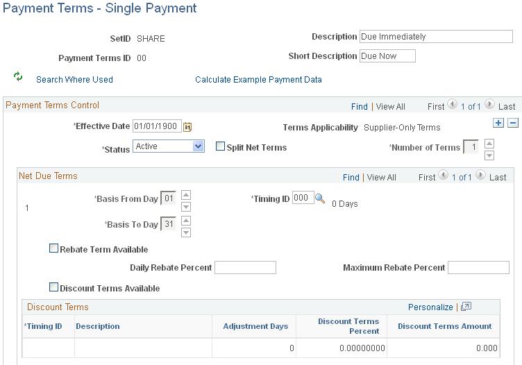 Payment Terms - Single Payment page