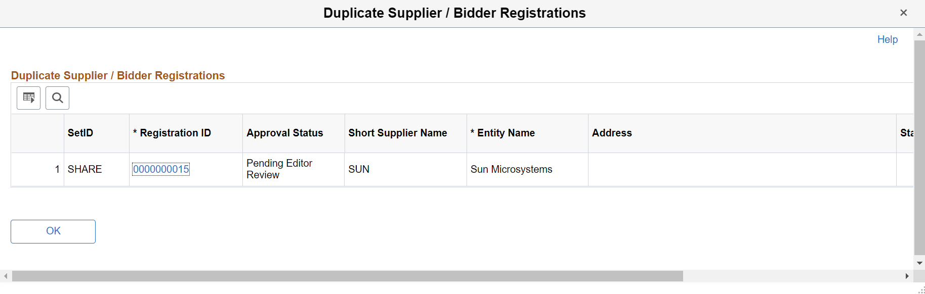 Duplicate Supplier / Bidder Registrations page