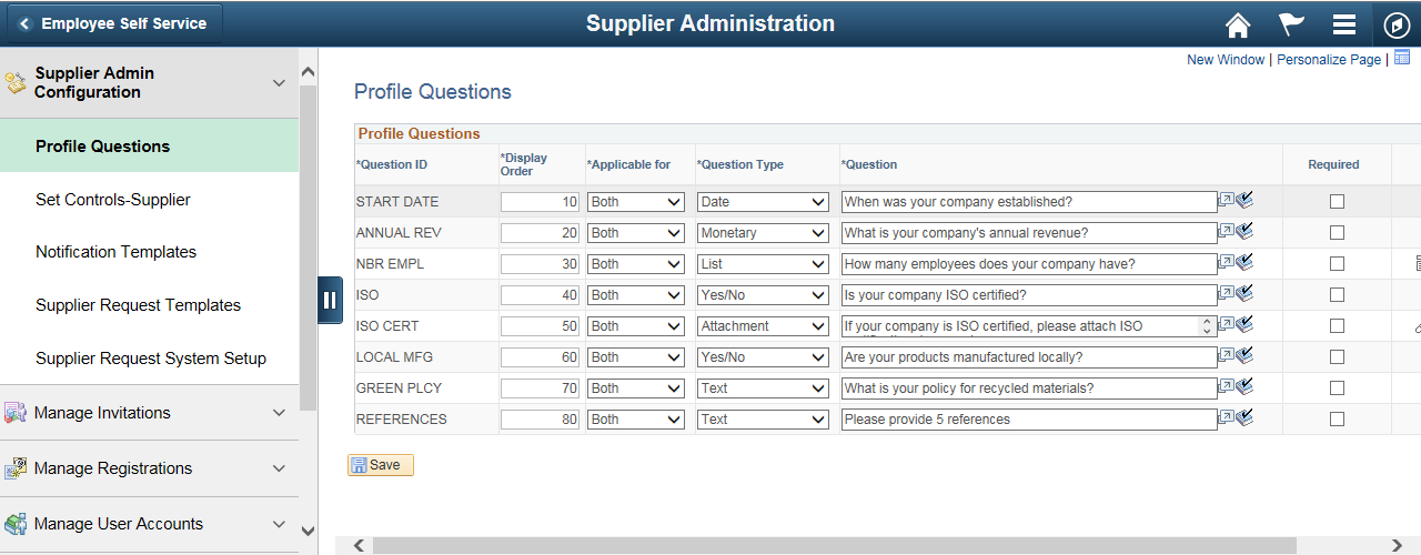 Supplier Administration page