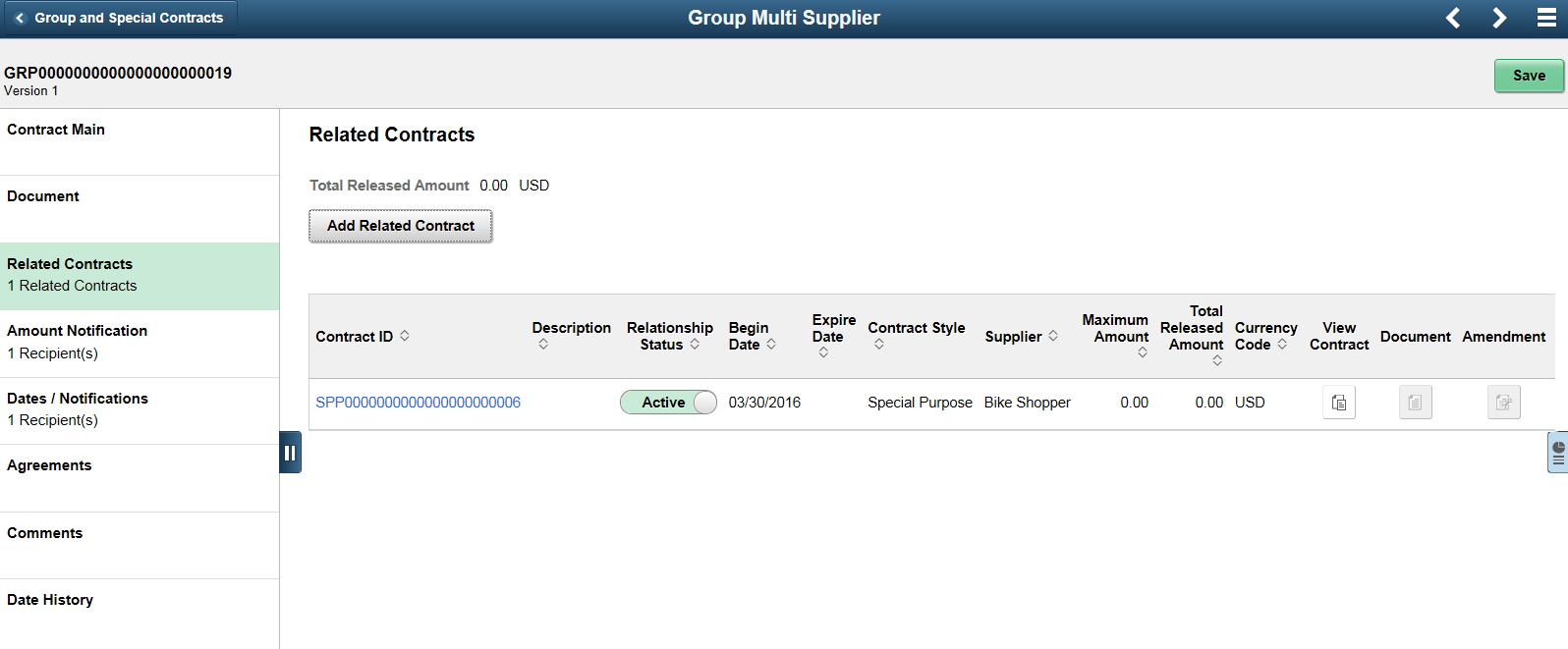 Example of Group Multi Supplier - Related Contracts