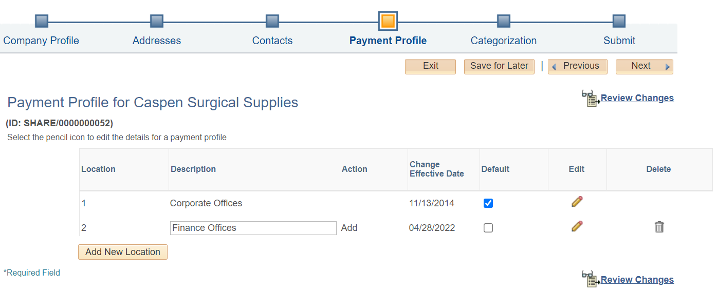 Supplier Change Request Payment Profile