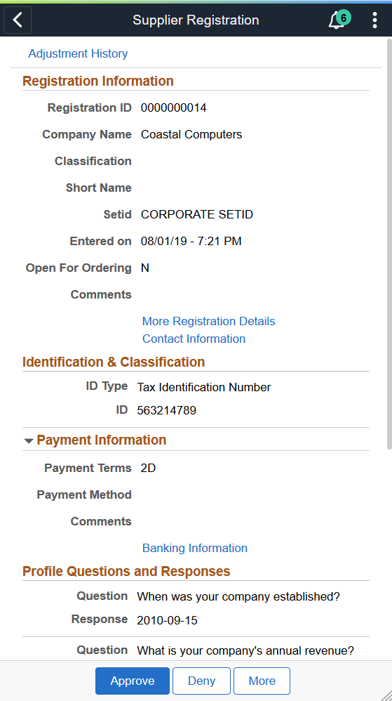 Supplier Registration header approval page as displayed on a smartphone