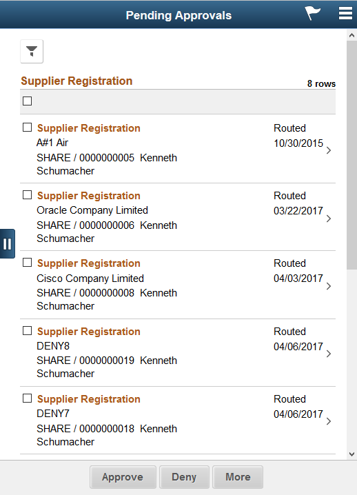 Pending Approvals - Supplier Registration list page as displayed on a smartphone