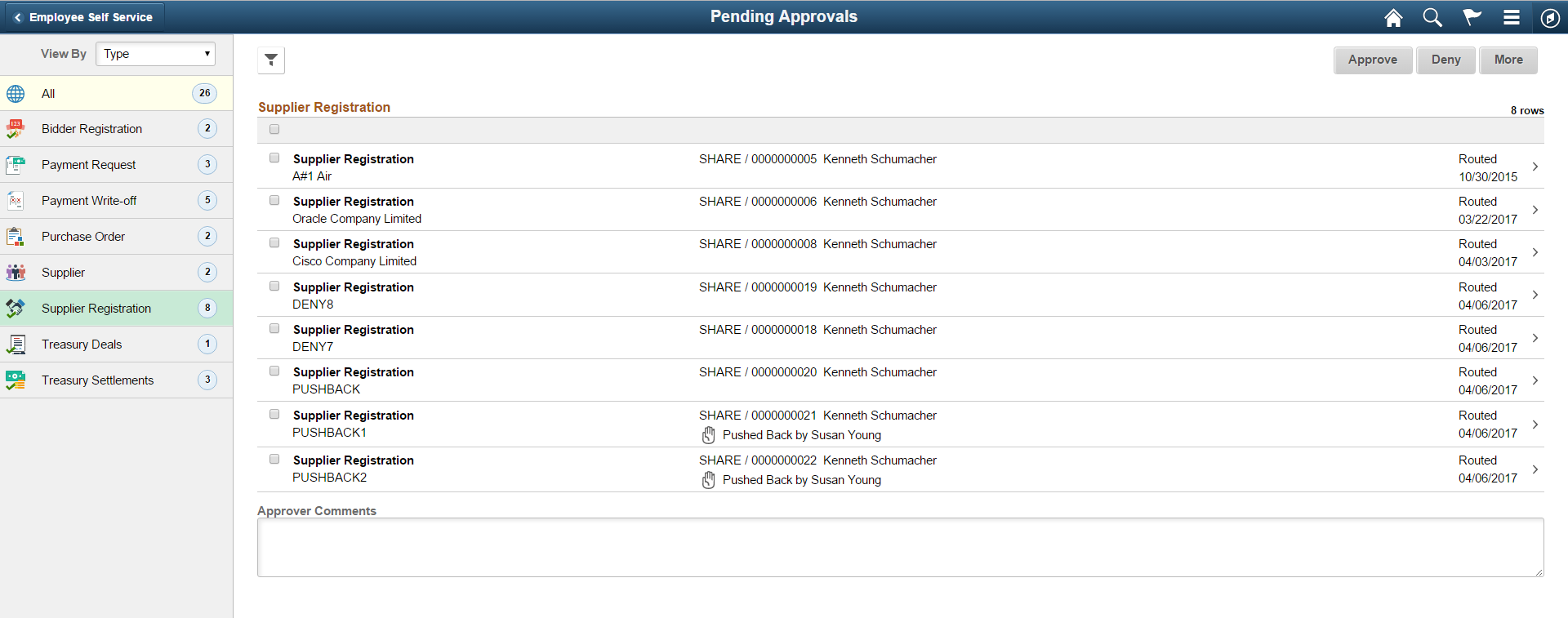 Pending Approvals - Supplier Registration list page