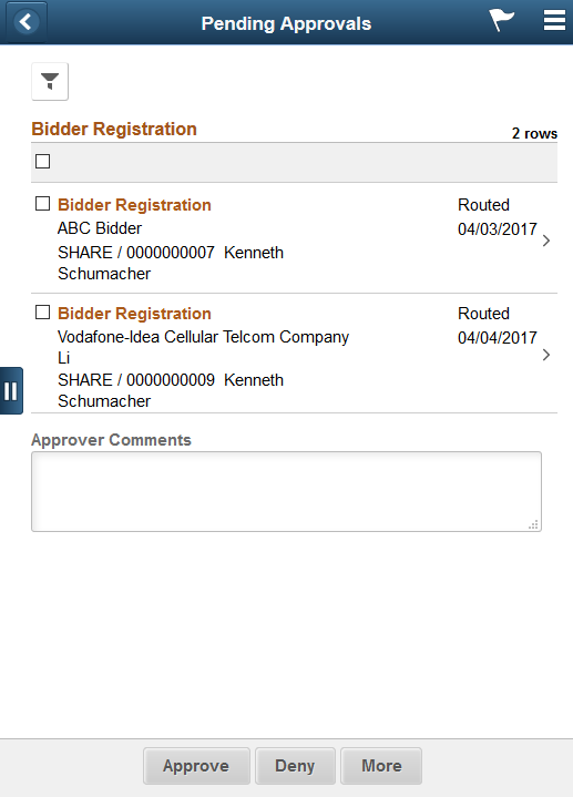 Pending Approvals - Bidder Registration list page as displayed on a smartphone