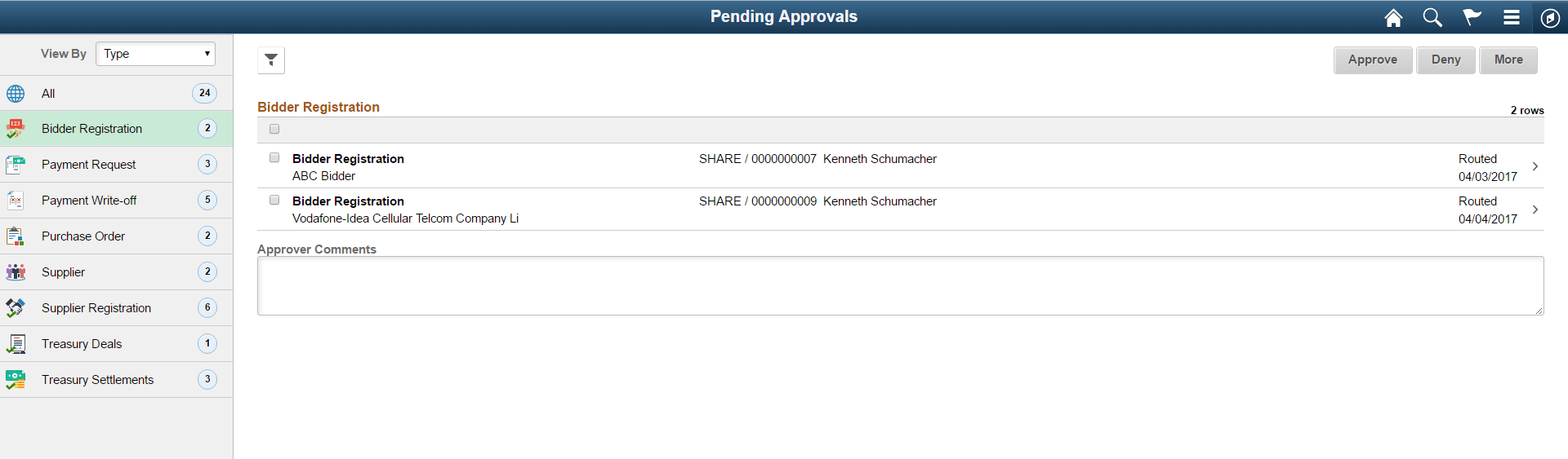 Pending Approvals - Bidder Registration list page