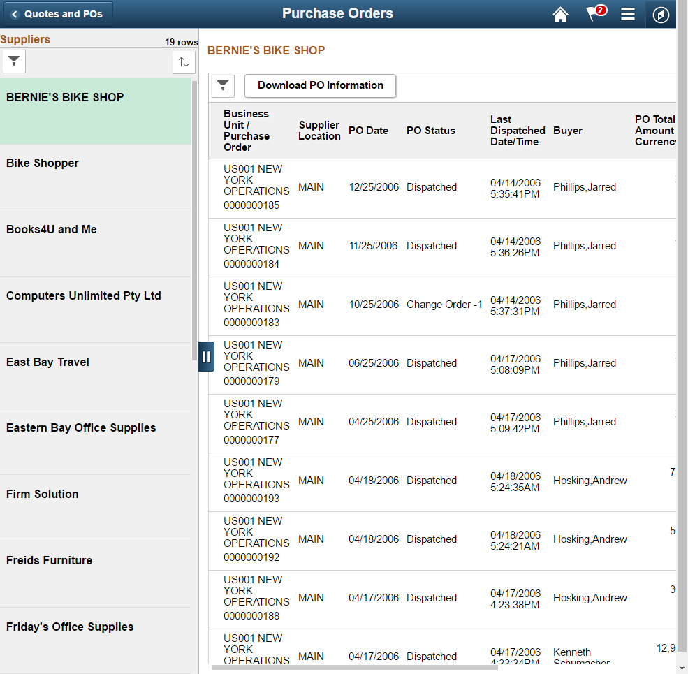 Purchase Orders page