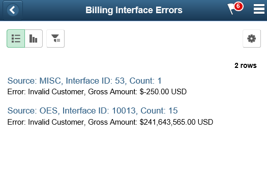 Billing Interface Errors Pivot Grid List view as seen on a smartphone