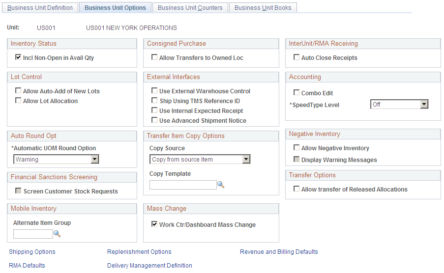 Inventory Definition - Business Unit Options page