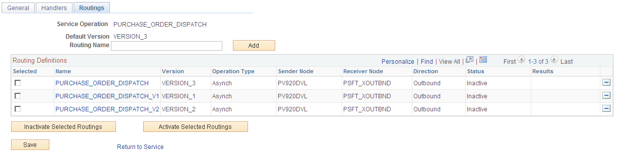 Service Operations-Routings page