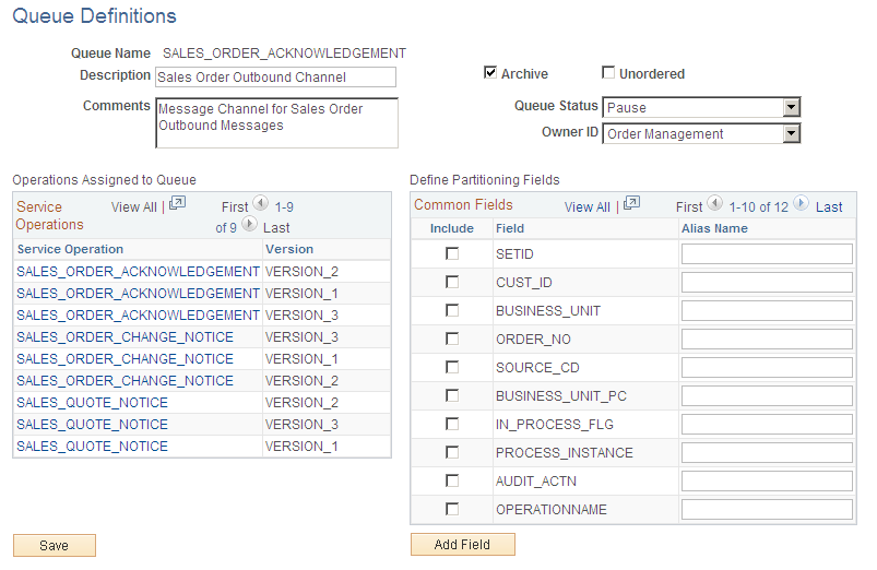 Queue Definitions page