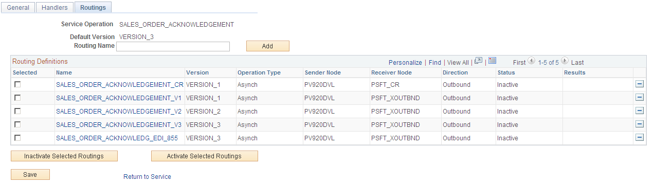 Service Operations-Routings page