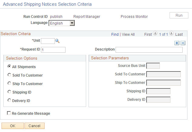 Advanced Shipping Notices Selection Criteria page