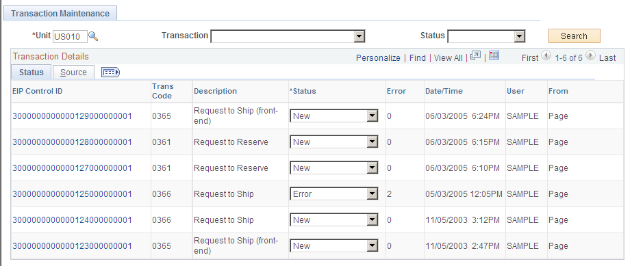 Transaction Maintenance page