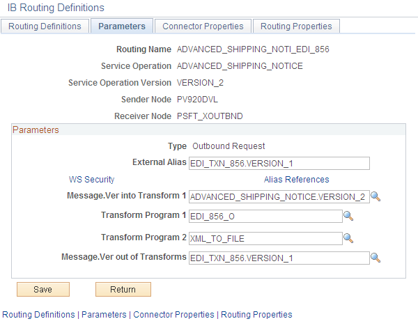 Routings-Parameters page