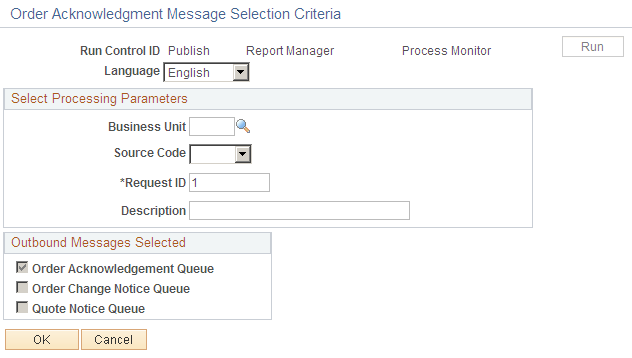 Order Acknowledgement Message Selection Criteria page