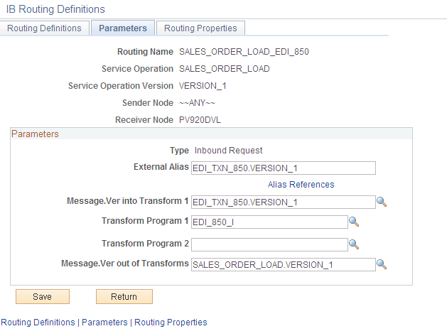 Routings- Parameters page