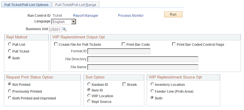 Pull Ticket/Pull List Options page