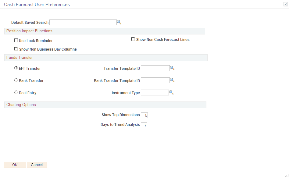 Cash Forecast User Preferences page