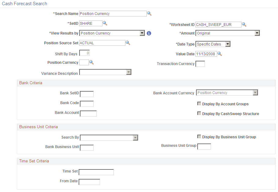 Cash Forecast Search page