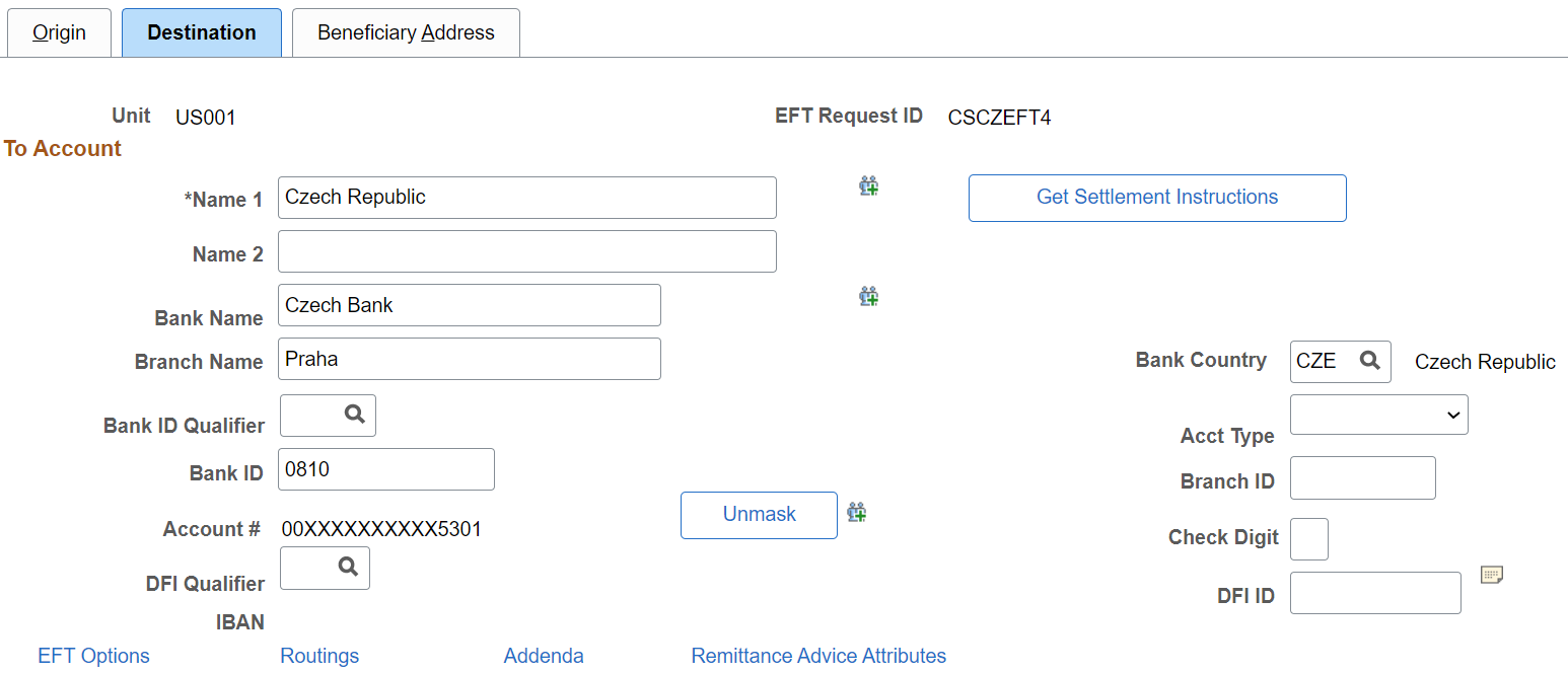 EFT Request - Destination Page