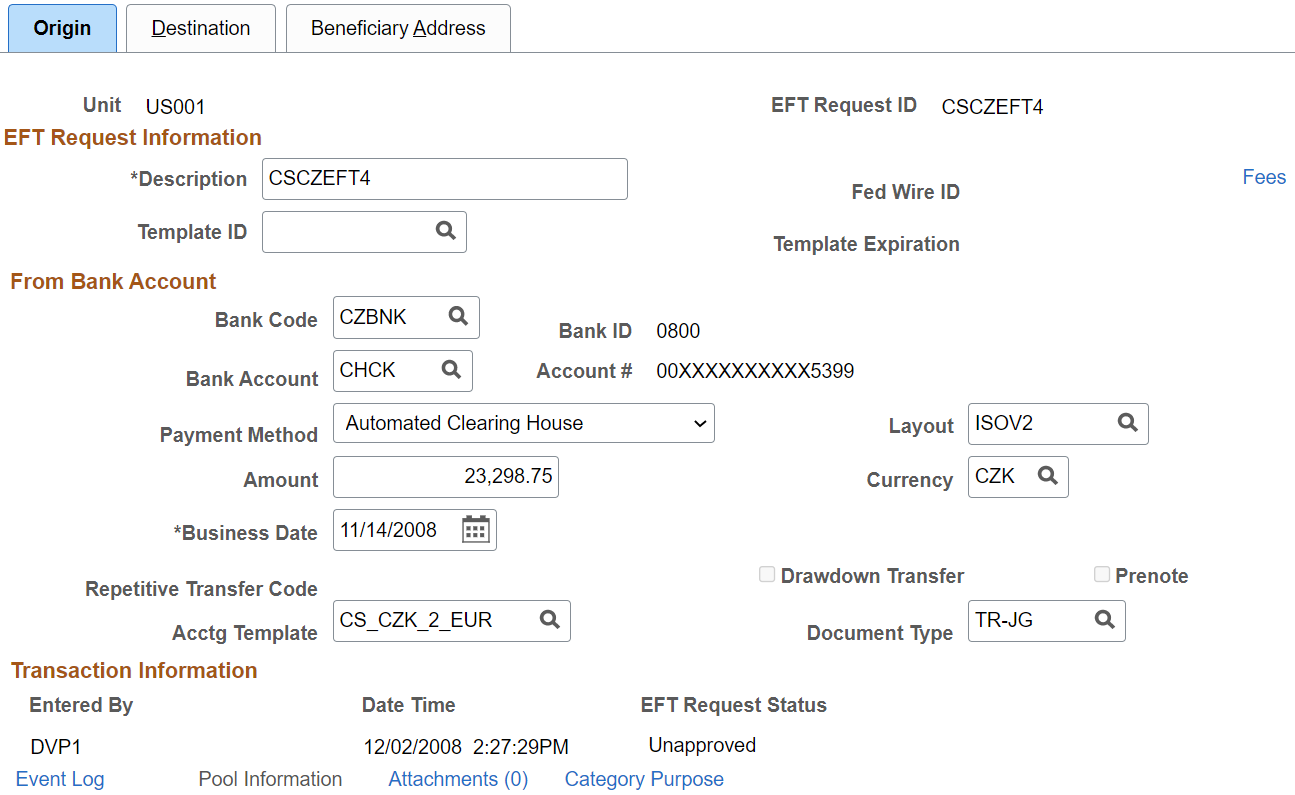 EFT Request - Origin Page