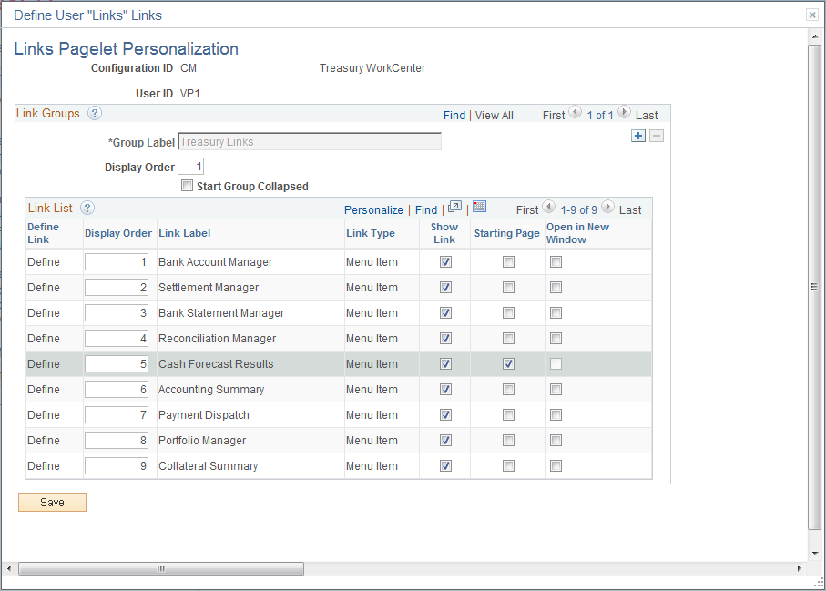 Links Pagelet Personalization page for Treasury WorkCenter