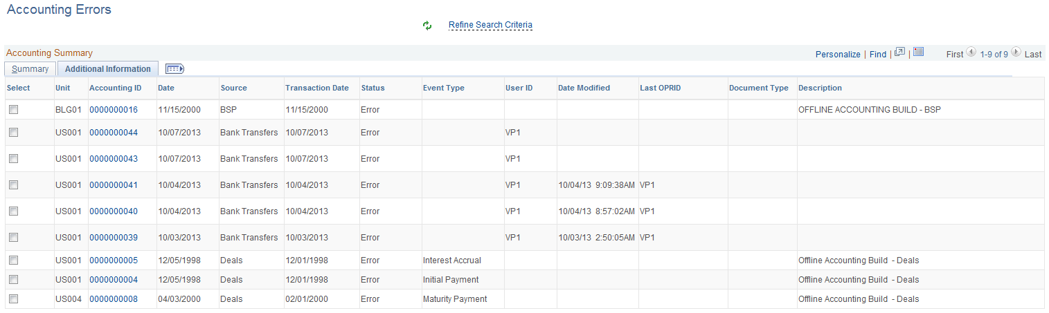 Accounting Errors page - Additional Information tab