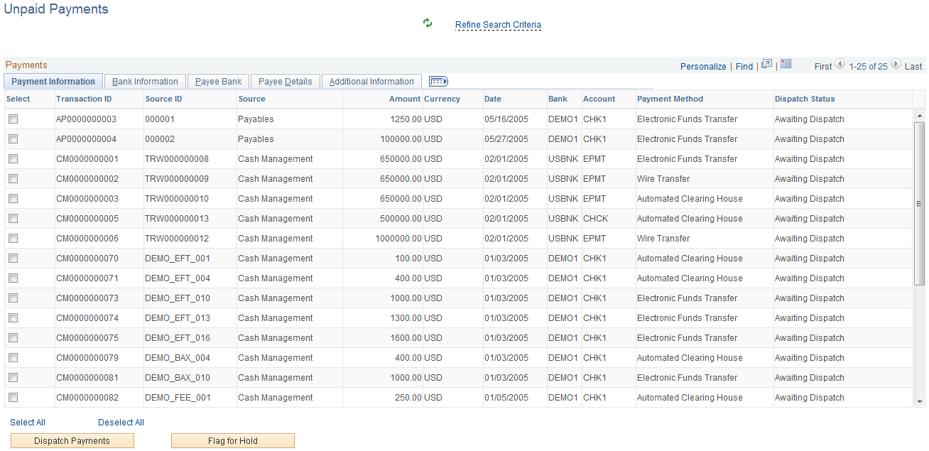 Unpaid Payments page - Payment Information tab