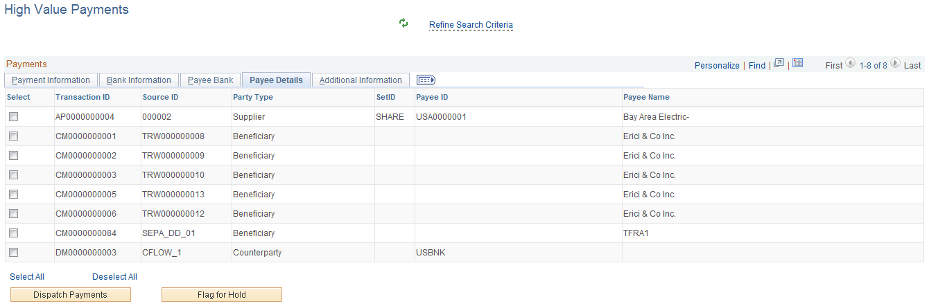 High Value Payments page - Payee Details tab
