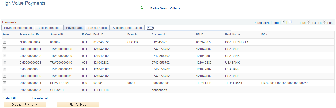 High Value Payments page - Payee Bank tab